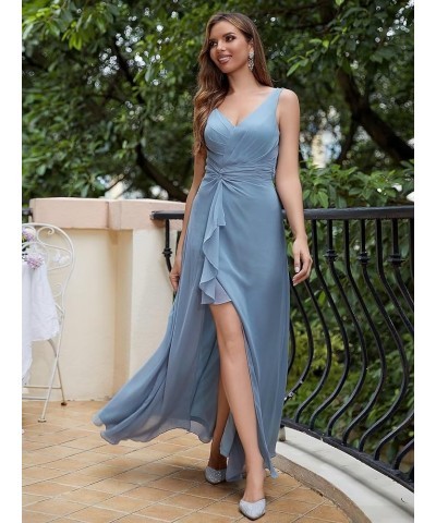 V Neck Chiffon Bridesmaid Dresses for Women Spaghetti Straps Pleated Maxi Dress Ruffle Hem A-Line Split Formal Dress Lavender...