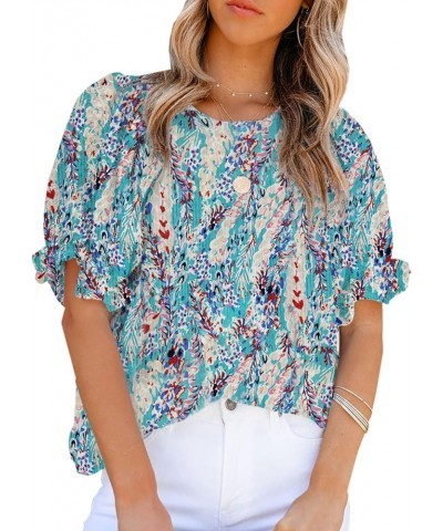 Floral Print Blouses for Women Crewneck Smocked Puff Sleeve Shirts Casual Babydoll Tops 2 Sky Blue $9.90 Blouses