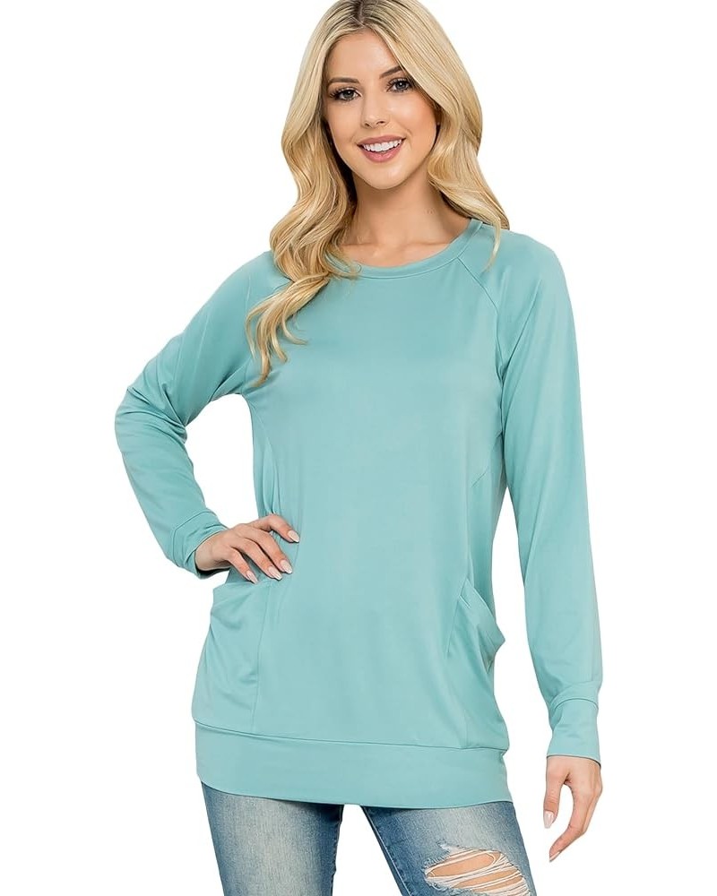 Boho Loose Fit Hi-Low Knit Tunic - Long Sleeve V-Neck Center Seam Sweater Top Long Sleeve Pocket Top - Aloe $11.65 Sweaters