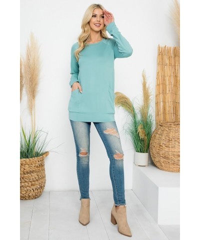 Boho Loose Fit Hi-Low Knit Tunic - Long Sleeve V-Neck Center Seam Sweater Top Long Sleeve Pocket Top - Aloe $11.65 Sweaters