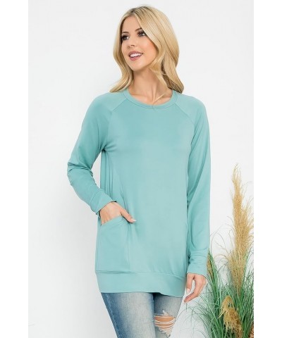 Boho Loose Fit Hi-Low Knit Tunic - Long Sleeve V-Neck Center Seam Sweater Top Long Sleeve Pocket Top - Aloe $11.65 Sweaters