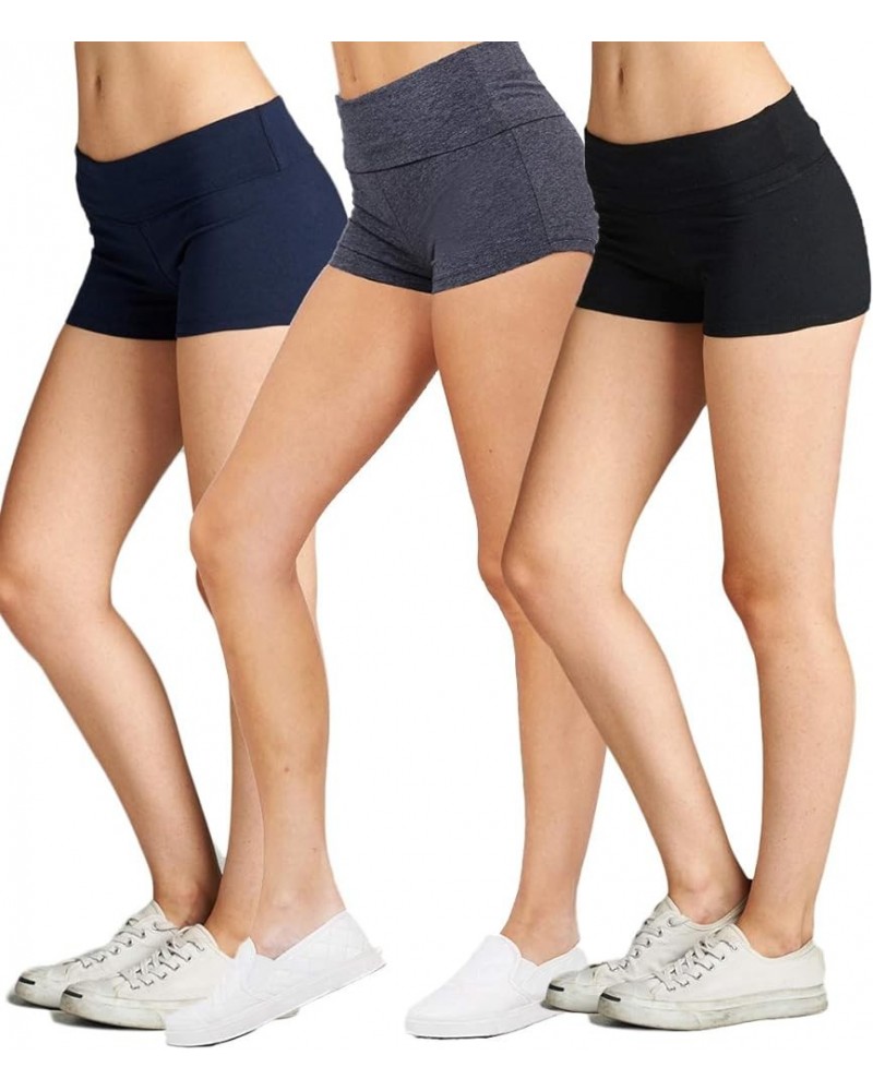 Women's Active Yoga Shorts Low Rise Fold Over Workout Dance Pant 3pk - Black Navy Charcoal $9.99 Activewear