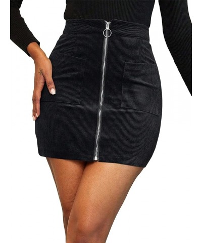 Women's Corduroy Zipper Front A Line High Waist Mini Skirt with Pocket Dark Grey $19.37 Skirts