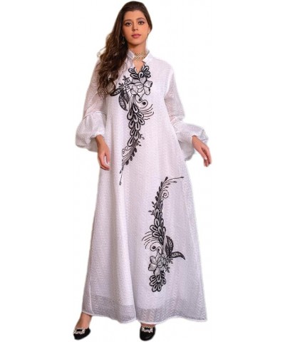 Abayas for Women Muslim Long Sleeve Embroidery Applique Maxi Kaftan Dresses Casual Loose Full Cover Islamic Dubai Robe White ...