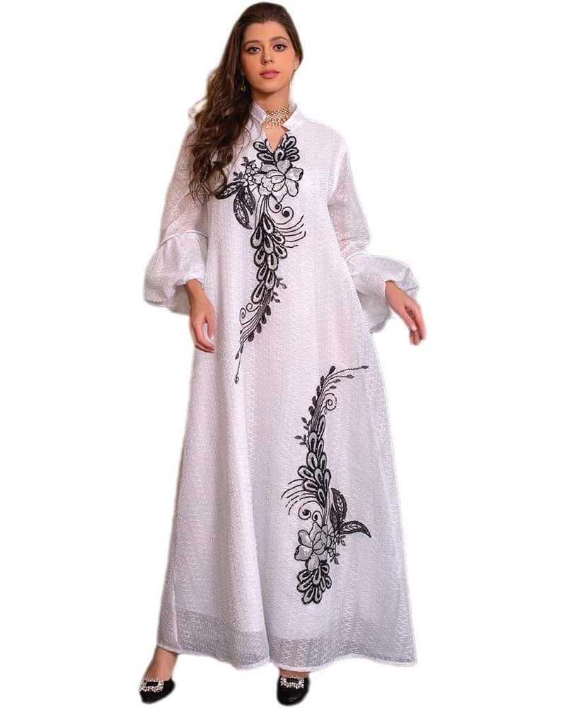 Abayas for Women Muslim Long Sleeve Embroidery Applique Maxi Kaftan Dresses Casual Loose Full Cover Islamic Dubai Robe White ...