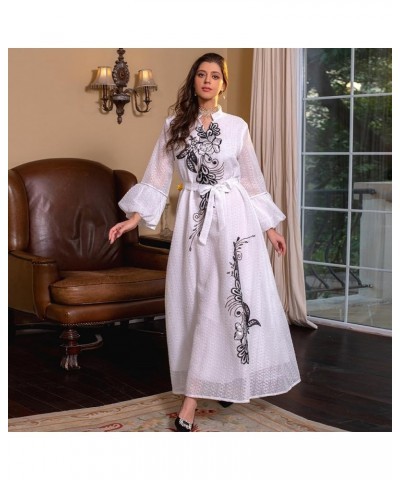 Abayas for Women Muslim Long Sleeve Embroidery Applique Maxi Kaftan Dresses Casual Loose Full Cover Islamic Dubai Robe White ...