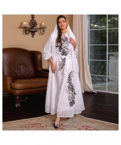 Abayas for Women Muslim Long Sleeve Embroidery Applique Maxi Kaftan Dresses Casual Loose Full Cover Islamic Dubai Robe White ...