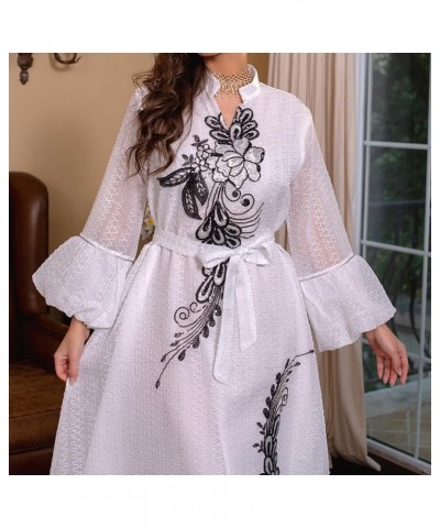 Abayas for Women Muslim Long Sleeve Embroidery Applique Maxi Kaftan Dresses Casual Loose Full Cover Islamic Dubai Robe White ...