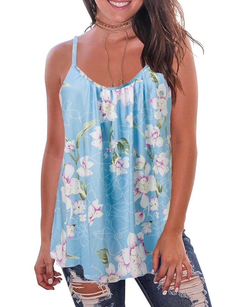 Print Long Vest,Flowy Tank Top for Women,Loose Cami,Pleated Dressy Swing Spaghetti Strap Camisole Blue White Flower $14.26 Tanks