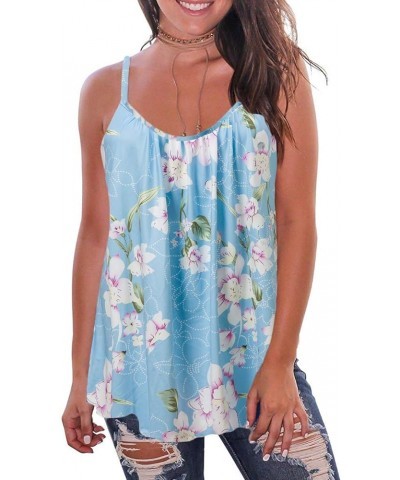 Print Long Vest,Flowy Tank Top for Women,Loose Cami,Pleated Dressy Swing Spaghetti Strap Camisole Blue White Flower $14.26 Tanks