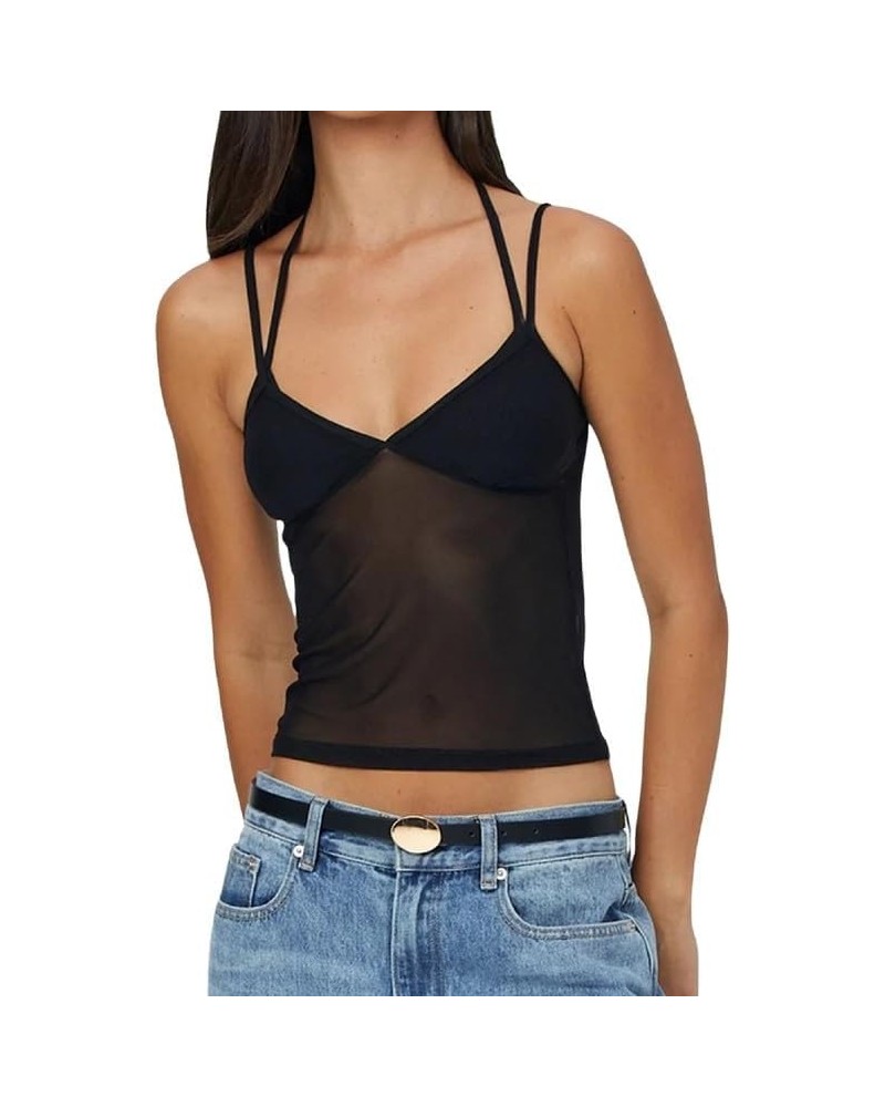 Women Y2K Sheer Mesh Camisole Lace Low Cut Ruched Tank Top See Through Slim Fit Crop Cami Sexy Going Out Top N-black Four $5....