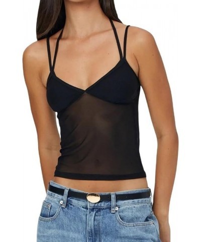 Women Y2K Sheer Mesh Camisole Lace Low Cut Ruched Tank Top See Through Slim Fit Crop Cami Sexy Going Out Top N-black Four $5....