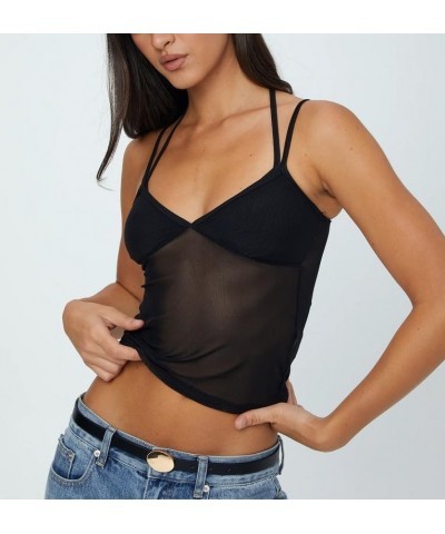 Women Y2K Sheer Mesh Camisole Lace Low Cut Ruched Tank Top See Through Slim Fit Crop Cami Sexy Going Out Top N-black Four $5....