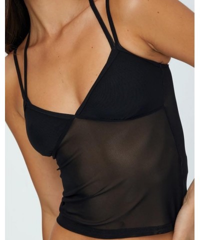 Women Y2K Sheer Mesh Camisole Lace Low Cut Ruched Tank Top See Through Slim Fit Crop Cami Sexy Going Out Top N-black Four $5....