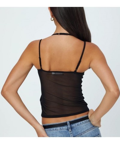 Women Y2K Sheer Mesh Camisole Lace Low Cut Ruched Tank Top See Through Slim Fit Crop Cami Sexy Going Out Top N-black Four $5....