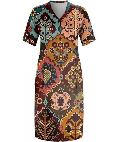 Womens Spring Fashion 2023 Dresses, Women's Summer Plus Size V-Neck Short Sleeve Knee Pocket Printed Casual Dress 1-brown $14...