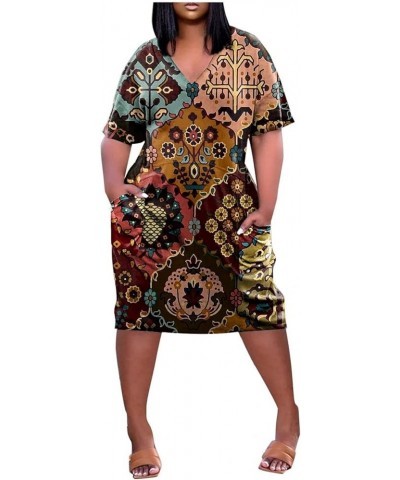 Womens Spring Fashion 2023 Dresses, Women's Summer Plus Size V-Neck Short Sleeve Knee Pocket Printed Casual Dress 1-brown $14...