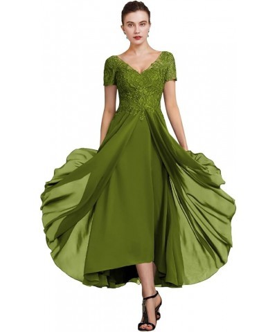 V Neck Mother of Bride Dresses for Wedding with Sleeves Tea Length Chiffon Lace Appliques Formal Evening Gown for Women Olive...