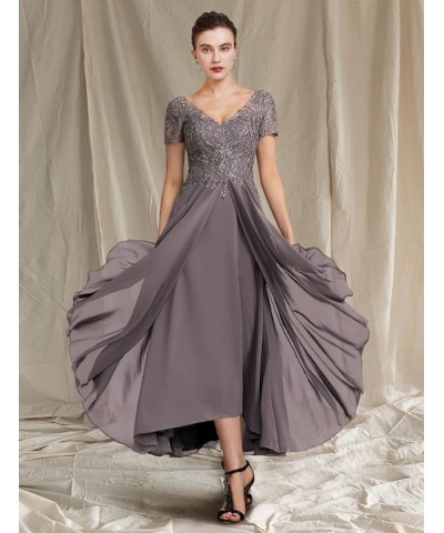 V Neck Mother of Bride Dresses for Wedding with Sleeves Tea Length Chiffon Lace Appliques Formal Evening Gown for Women Olive...