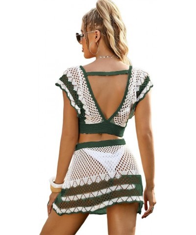 Women's 2 Piece Crochet Cover Up Set Hollow Out Backless Beach Swim Coverups Swimsuit Blacklish Green $21.05 Swimsuits