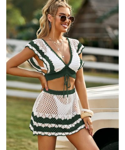 Women's 2 Piece Crochet Cover Up Set Hollow Out Backless Beach Swim Coverups Swimsuit Blacklish Green $21.05 Swimsuits