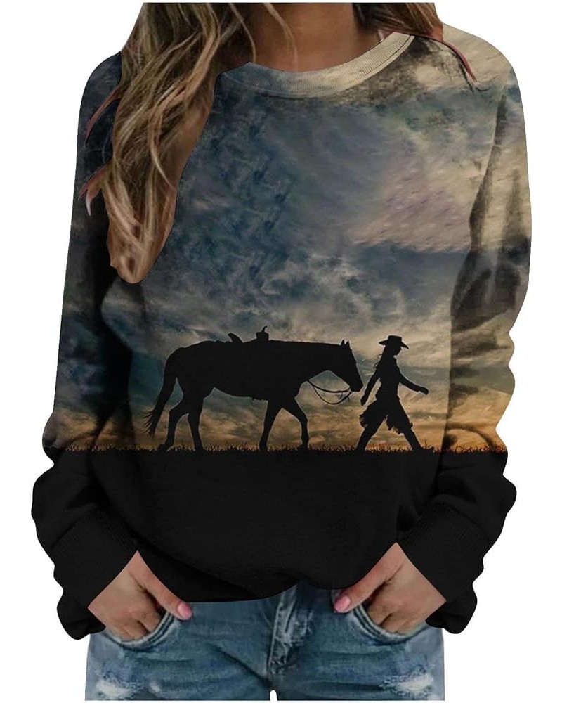 Riding Horse Sweatshirts Women Long Sleeve Horse Print Crew Neck Pullover Comfort Stylish Casual Loose Travel Tops Khaki $16....