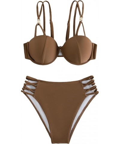 Women's 2 Piece Swimsuit Criss Cross Tie Back Push Up High Cut Bikini Set Bathing Suits Brown $17.97 Swimsuits