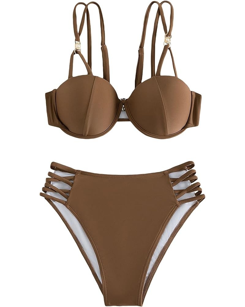 Women's 2 Piece Swimsuit Criss Cross Tie Back Push Up High Cut Bikini Set Bathing Suits Brown $17.97 Swimsuits