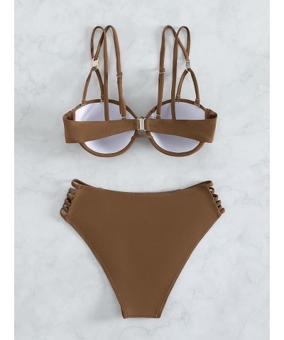 Women's 2 Piece Swimsuit Criss Cross Tie Back Push Up High Cut Bikini Set Bathing Suits Brown $17.97 Swimsuits