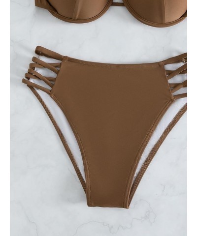 Women's 2 Piece Swimsuit Criss Cross Tie Back Push Up High Cut Bikini Set Bathing Suits Brown $17.97 Swimsuits