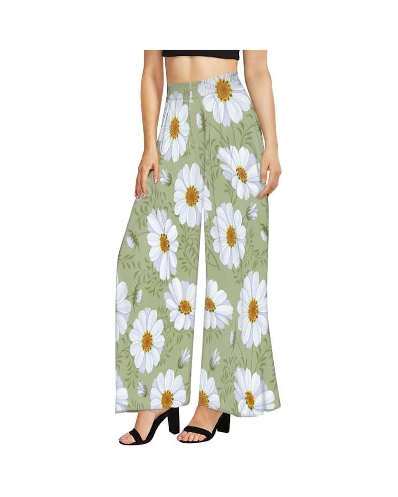 Women's High Waist Wide Leg Pants Fun Cat Pattern Petite Size Palazzo Pants, Birds Floral Long Lounge Trousers White Daisy $1...