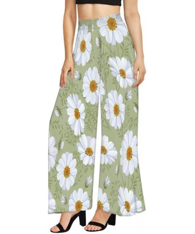 Women's High Waist Wide Leg Pants Fun Cat Pattern Petite Size Palazzo Pants, Birds Floral Long Lounge Trousers White Daisy $1...