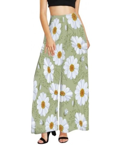 Women's High Waist Wide Leg Pants Fun Cat Pattern Petite Size Palazzo Pants, Birds Floral Long Lounge Trousers White Daisy $1...