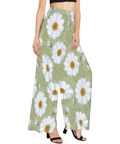 Women's High Waist Wide Leg Pants Fun Cat Pattern Petite Size Palazzo Pants, Birds Floral Long Lounge Trousers White Daisy $1...