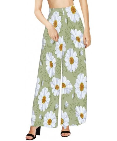 Women's High Waist Wide Leg Pants Fun Cat Pattern Petite Size Palazzo Pants, Birds Floral Long Lounge Trousers White Daisy $1...