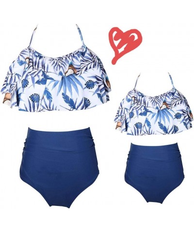 2Pcs Mommy and Me Matching Family Swimsuit Ruffle Women Swimwear Kids Children Toddler Bikini Bathing Suit Beachwear Sets Blu...