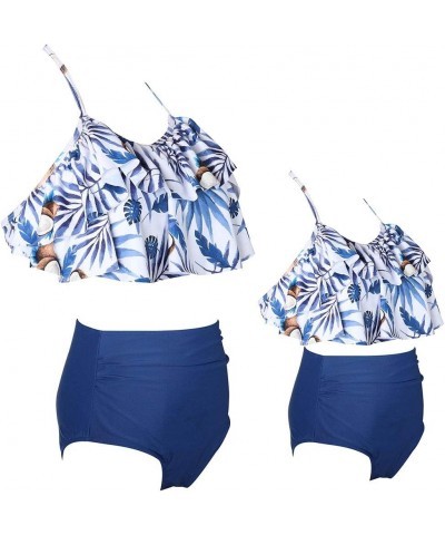 2Pcs Mommy and Me Matching Family Swimsuit Ruffle Women Swimwear Kids Children Toddler Bikini Bathing Suit Beachwear Sets Blu...