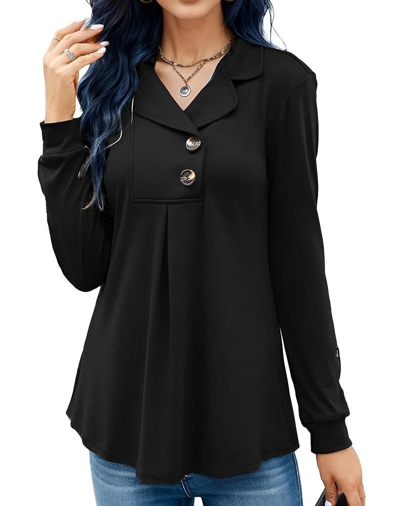 Women's Long Sleeve Button Down Tunic Tops Casual Fitted Collar Shirts Black $15.80 Tops