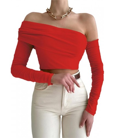 Women’s Off Shoulder Long Sleeve Tops Y2K Solid Basic Low Cut Folded Neck Slim Tee Shirts Sexy Ruched Crop Blouse B One Shoul...