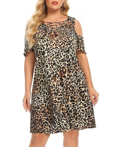 Women's Plus Size Sun Dress Cold Shoulder Casual T-Shirt Knee Length Sundresses with Pockets Spotted Pattern Leopard $10.32 D...