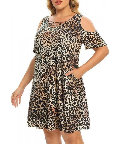 Women's Plus Size Sun Dress Cold Shoulder Casual T-Shirt Knee Length Sundresses with Pockets Spotted Pattern Leopard $10.32 D...