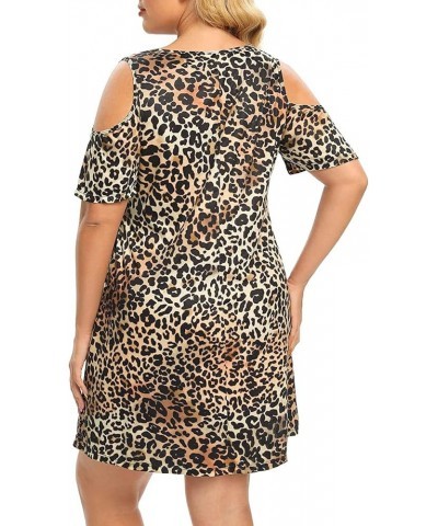 Women's Plus Size Sun Dress Cold Shoulder Casual T-Shirt Knee Length Sundresses with Pockets Spotted Pattern Leopard $10.32 D...