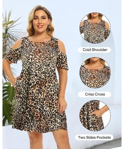 Women's Plus Size Sun Dress Cold Shoulder Casual T-Shirt Knee Length Sundresses with Pockets Spotted Pattern Leopard $10.32 D...