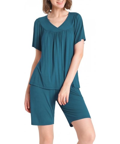 Women's Soft Pajama Set Bermuda Sleep Shorts with V-Neck Top Teal $18.69 Sleep & Lounge