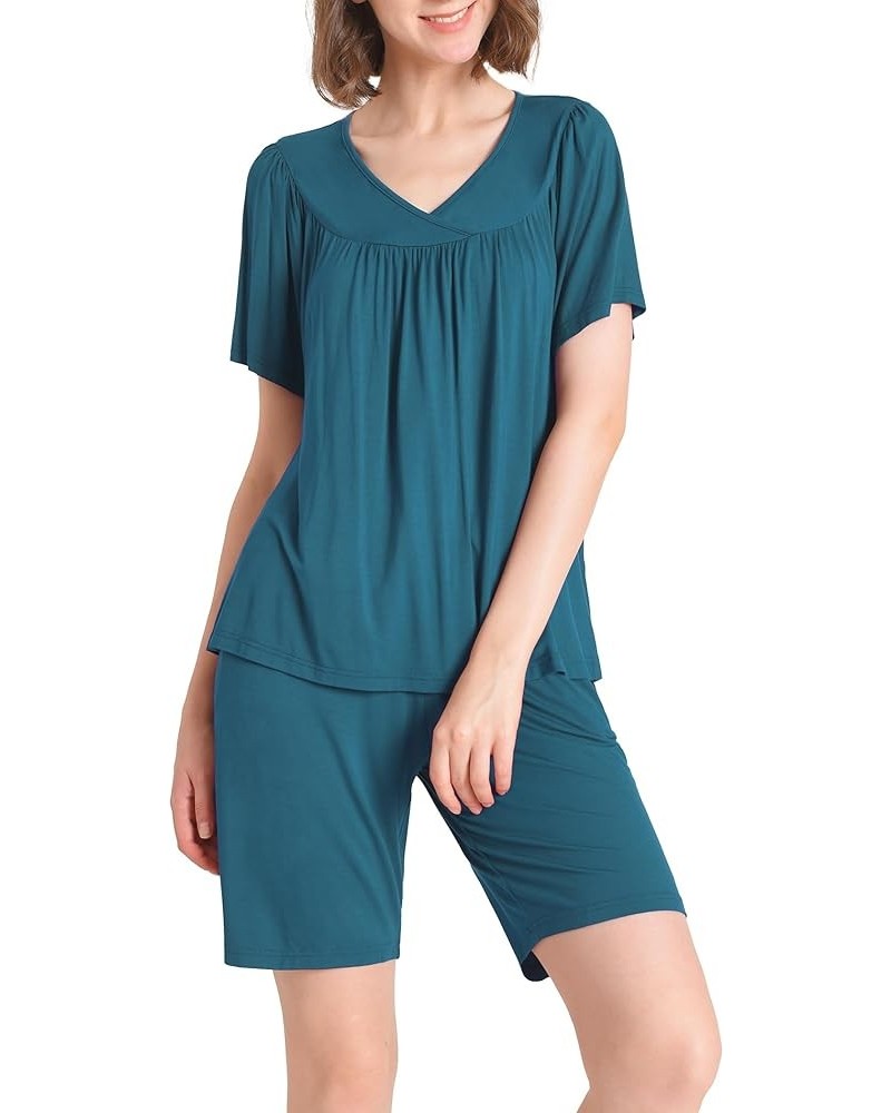 Women's Soft Pajama Set Bermuda Sleep Shorts with V-Neck Top Teal $18.69 Sleep & Lounge