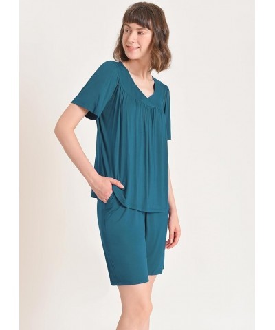 Women's Soft Pajama Set Bermuda Sleep Shorts with V-Neck Top Teal $18.69 Sleep & Lounge