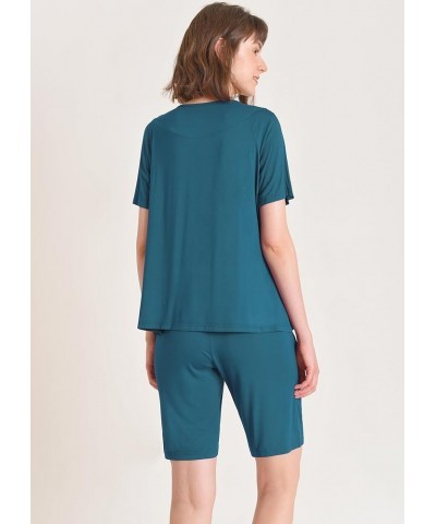 Women's Soft Pajama Set Bermuda Sleep Shorts with V-Neck Top Teal $18.69 Sleep & Lounge