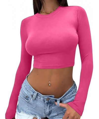 Womens Crewneck Tunic Long Sleeves Slim Fitted Ribbed Knit Tops Casual Warm Fall Basic Shirts 2 Hot Pink $13.79 Tops