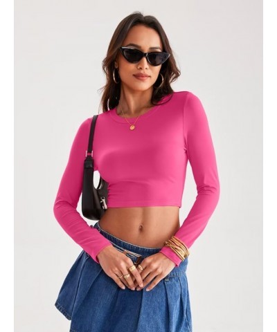 Womens Crewneck Tunic Long Sleeves Slim Fitted Ribbed Knit Tops Casual Warm Fall Basic Shirts 2 Hot Pink $13.79 Tops