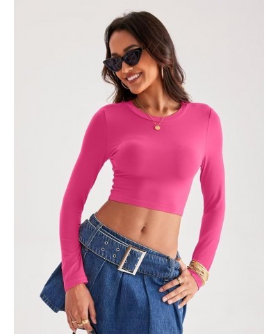 Womens Crewneck Tunic Long Sleeves Slim Fitted Ribbed Knit Tops Casual Warm Fall Basic Shirts 2 Hot Pink $13.79 Tops